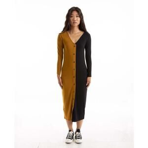 Vada Winter Large Women Button Up Boho Bougie Basic Dress MIDI Long Sleeve N5v